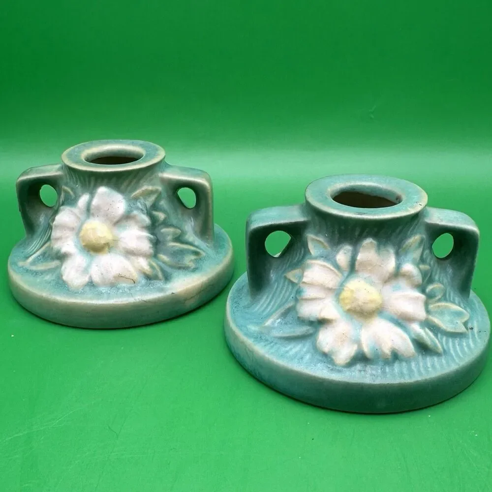 Vintage Roseville Pottery Cosmos Candlestick Holders Blue Green 1151-2 Pair 1940